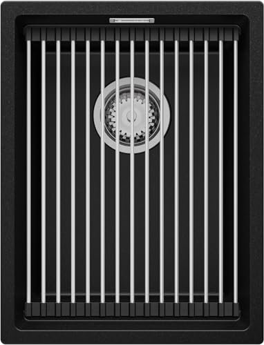 PRIMAGRAN Evier Cuisine en Granit Noir 36x47cm, Lavabo 1 bac + Kit de Vidage + Égouttoir Enroulable, Évier à Encastrer al mueble 40cm - Prague Slim S053