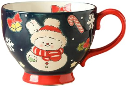 CAPIJIONG Lapin de Noël Assiette de petit déjeuner peinte à la main Four à micro-ondes Disponible en céramique Ménage Peint à la main Petit déjeuner Tasse à lait - Tasse de petit déjeuner de Noël -