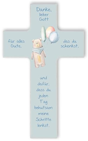 Fritz Cox Kinderkreuz Teddybär | christliches Geschenk für Kinder | Danke lieber Gott blau,15cm