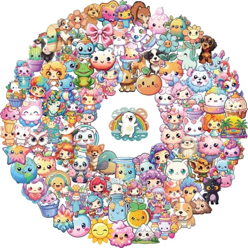 hyrtsstf Autocollants Kawaii Stickers Packs d'autocollants Mignons Animaux Grands Yeux pour Enfants, Imperméables pour Bouteille d'Eau, Drôles pour Ordinateur Portable
