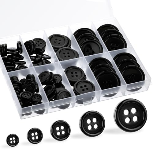 100 Stück Harzknöpfe Schwarz, 4 Löch Buttons zum Nähen, Rund, mit Aufbewahrungsbox zum Basteln, DIY Handwerk Scrapbooking Dekoration 10/12.5/15/20/25 mm