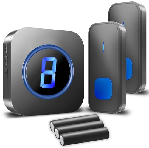 SURFOU Funkklingel, Kabellose Türklingel Batteriebetrieben, Türklingel Funk Set, 400m Reichweite Aussen Wasserdicht Haustür Klingel mit 2 Senders, 5 Stufen Volumes auf 55 Melodien mit LED Anzeige