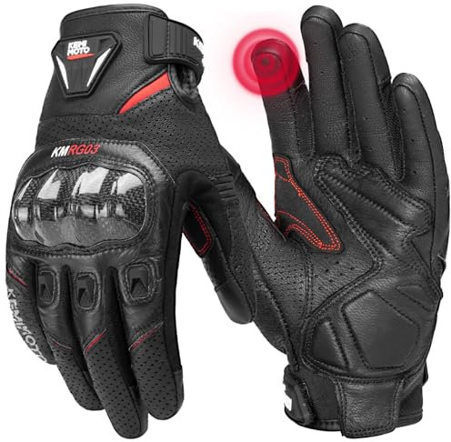 KEMIMOTO Gants de Moto pour Homme, en Cuir de Chèvre avec Coussinets Antidérapants, Écran Tactile, Gants de Protection pour Motocross, Scooter, Cyclomoteur, Mobylette, Quad, Paitball, ATV