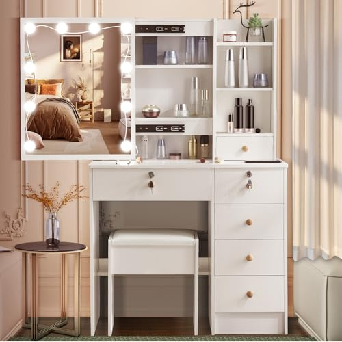 LIANWANG Schminktisch mit LED-Beleuchtung, Frisiertisch mit Spiegel und Hocker für Makeup, 3 Farbtemperaturen und Einstellbarer Helligkeit, Kosmetiktisch mit 4 Ablagen, 6 Schubladens, 131x80x36 cm