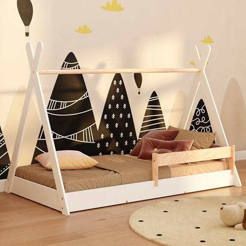 smartwood Hausbett 80x160 cm - Bodenbett Montessori Tipi F Weiß aus Kiefernholz mit FSC-Zertifikat - Rausfallschutz & Lattenrost bis zu 230 kg für Jungen und Mädchen - Einfache Montage