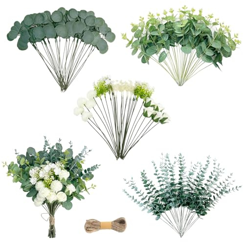 Künstliche Blumen & Zweige Kunstpflanzen Grüne Blätter und Weiß Kunstblumen Künstlich Eukalyptus Dekozweige Fake Flowers für DIY Blumenstrauß Brautstrauß Kunstblumenstrauss Hochzeit (110)