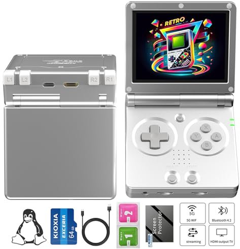 RG35XXSP Handheld Game Console RG35XX SP Clamshell Retro Game Console with 64G TF Card Preloaded Games 5532 Portable Gaming Console with 3.5 inch Screen 3300mAh Battery 5G WiFi Bluetooth HD Silver