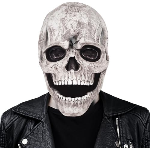 Halloween Totenkopf Maske Mit Beweglichem Kiefer, Gruselige Vollkopf 3D Skelett Aus Natürlich Latex, Halloween Deko Skull Ghostface für Cosplay Party Kopfbedeckung (1)
