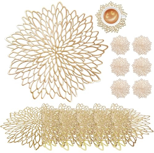 wiipara 6er Set Platzsets Tischsets Abwaschbar Rund mit Untersetzer, Gold | Moderne PVC Platzdeckchen Weihnachten Dekorative Tischunterlage Esstisch Platzteller Platzset Rund für Zuhause Hochzeit Hotel