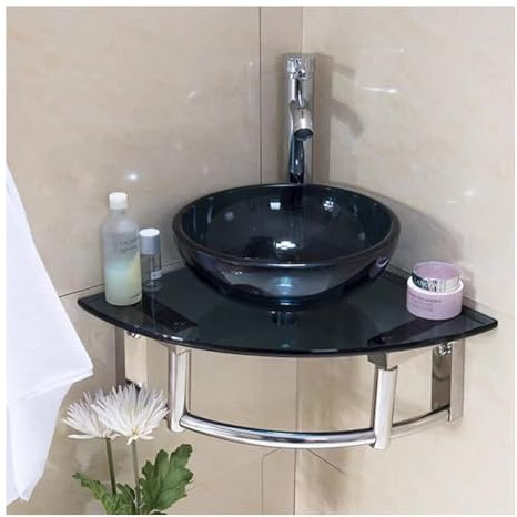 Artiz Tempered Glass Wall Mount Sink, Modern Bathroom Sink for Small Spaces Glass Vessel Sink with Faucet Set Corner washbasin Bathroom Vanity Round Bowl(Gray,31x31cm)