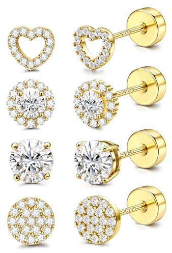 KALVICA 4 Paar Ohrringe Set Ohrringe Silber 925 16K Vergoldet Ohrringe | Ohrstecker Silber 925 mit Flachem Verschluss Nickelfreie Ohrringe Gold/Silber für Damen Herren Tragus Helix Piercings Ohr