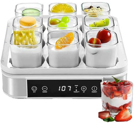 Outils Yaourtière,Machine de Fermentation du Lait, avec 9 Pots en Verre, avec Affichage LED et minuterie, Conception Visible à 360°, pour Préparer du Yaourt