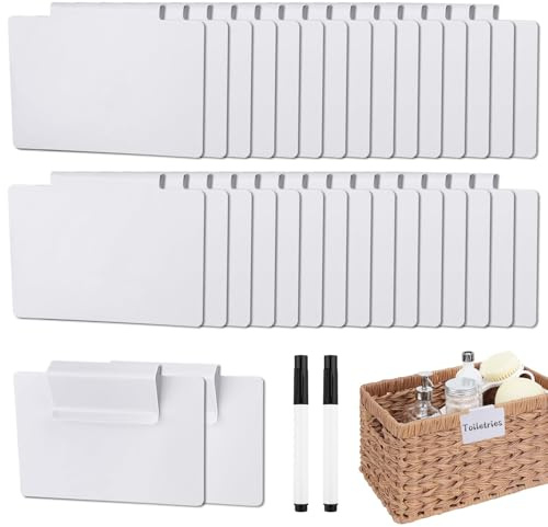 ktxaby 34 Stück Etikettenhalter Set 32 Weiße Korb Etiketten Clip 2 schwarze Marker Abnehmbare PVC Etikettenhalter für Aufbewahrungskörbe Regale Lagerung Küche Büro Organisationsbox