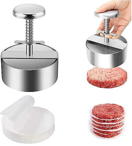Máquina para hacer hamburguesas con papel para hamburguesas, prensa manual de carne y prensa deslizante, moldes para hacer hamburguesas, acero inoxidable antiadherente para hamburguesas perfectas