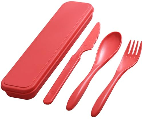 Reisebesteck-Set mit Etui, tragbares Camping-Besteck-Set, wiederverwendbare Plastikgabel, Löffel, Messer, Geschirr für Lunchbox, Picknick, Arbeit, Schule oder den täglichen Gebrauch (Rot)