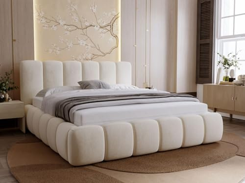 GRAINGOLD Royal Bett 200x200, Polsterbett mit Bettkasten, Polsterbett mit Stauraum, Samt, mit Lattenrost, mit Kopfteil, ohne Matratze (Beige, 200x200)
