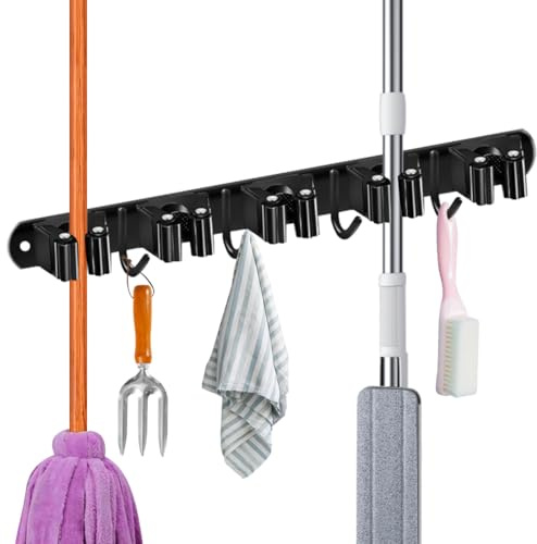 Tutamaz Besenhalterung Wand, 5 Halter + 4 Haken Schwerlast Selbstklebend Gartengerätehalter, Besenhalter mit Nails Installieren, Edelstahl gerätehalter, Schwarz Wandhalterung Aufhänger für Besen