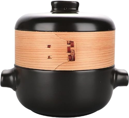 Ceramic Stockpot Steamer, Japanese Round Stew Pot with Natural Bamboo Steamer Basket, 1.5L