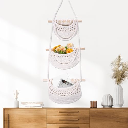 Miawtro Hängender Organizer,Dreistöckiger Wand Hängetasche,Hängende Tasche Aus Hanfseil,Boho Deko Aufbewahrungstasche,Handgewebte Wandkörbe,Makramee Regal Hängend Für Wohnzimmer, Schlafzimmer