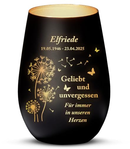 Love Faith personalisiertes Trauerlicht - Unvergessen - schwarz/Gold | Mattiertes Teelichtglas - Graviere Namen & Datum - Stimmungsvolles Trauergeschenk & Erinnerungsstück