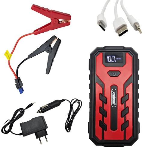 Booster Avviamento Auto Portatile 20000mAh per 12V, Avviatore Batteria Emergenza Jump Starter Compatto Rosso Nero con Valigetta e Cavi USB, dimensioni cm 19x7x4