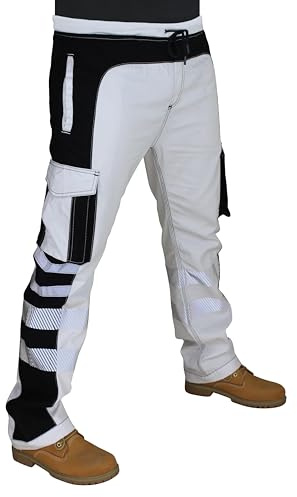 HASHOOB TRADING FZE Mens White Painter Work Trousers Jogger Decorators Cargo Safety Trousers Pants (Three-MJ-WHITE3, L)