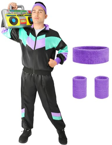 Aomig 90-talet retro träningsoverall unisex disco helkroppsoverall jacka byxor armband pannband 80-tals fest bad knapp för temafest karneval (svart-grön-M)