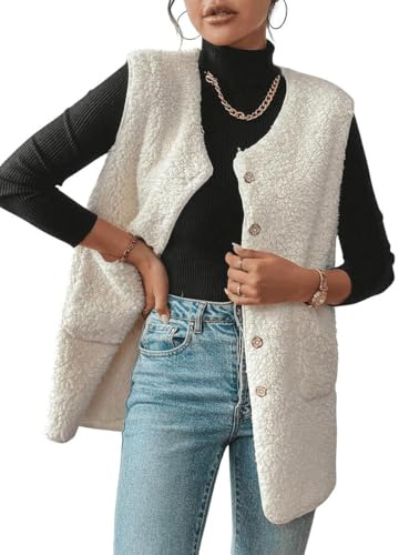 Joligiao Gilet Donna Inverno Morbido Gilet Pile Senza Maniche Smanicato Elegante Invernale Gilet Termico con Bottoni Autunno Inverno Caldo Giacca Teddy Scollo a V Waistcoat con Tasche (Beige,L)