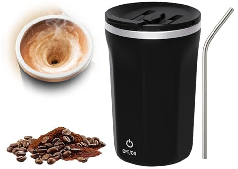 WIYETY 380ml Elektrischer Selbstrührende Kaffeetasse: Self Stirring Cup aus Edelstahl, Kaffeetasse mit Temperaturanzeige, Magnetische Tasse Selbstrührend für Kaffee Tee Milch, Schwarz