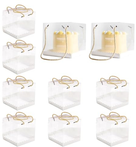 Lot de 10 boîtes à gâteau transparentes - 14 x 14 x 14 cm - Avec 2 sangles de transport - Boîte à gâteau transparente - Pour mariage, anniversaire, dessert