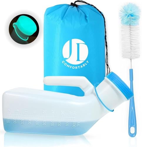 COMFORTABLY SUPER PACK Urinoir pour adulte | Bouteille urinoir pour homme 1 l + sac imperméable discret + brosse de nettoyage gratuite | Urinoir portable avec couvercle à vis anti-fuite qui brille