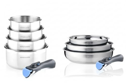 ARTHUR MARTIN - Batterie De Cuisine Inox 9 Pièces - 5 Casseroles Ø Variés - 2 Manches Amovibles - Couvercles Verre Ergonomiques - Compatible Induction - Ensemble Pratique Et Compact