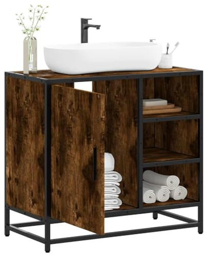 HaoChrymec Mobile Lavabo in Legno Rovere Affumicato con Struttura in Metallo, Design Industriale Moderno, Mobile Bagno Salvaspazio con Ampio Spazio di Archiviazione, 65x33x60 cm
