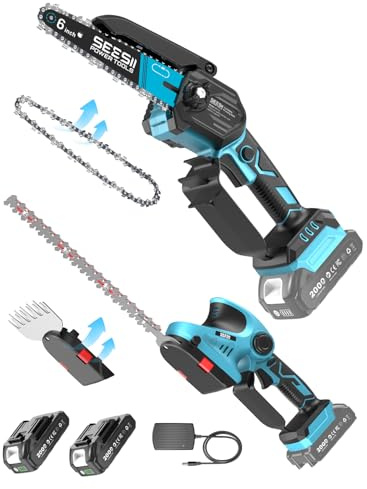 SEESII 3-en-1 Motosierra a Batería & Cortasetos & Tijeras Cortacésped Set, 600W Mini Motosierra con 2 * 2000 mAh Baterías, Cuidado de Setos y Recorte de Césped