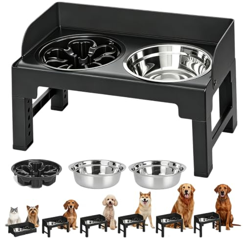 Hundenapf Erhöht, Erhöhter Futternapf Hund Höhenverstellbar, Fressnapf Hund mit Gestell, Futterstation Hund Mit 2 Hundenäpfe aus Edelstahl und 1 Anti Schling Napf Hunde (Schwarz)