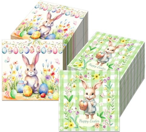 YUZNA 40 pezzi Tovaglioli di carta usa e getta, tovaglioli pasquali con simpatico coniglietto e fiori, decorazione da tavola per primavera, Pasqua (33 x 33 cm)