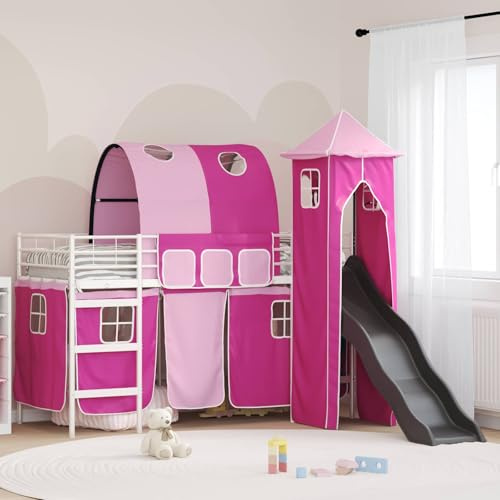 mzdioop Kinderloftbett Weiß Rosa 90 x 190 cm Metallrahmen Hochbett mit Rutsche Vorhängen und Turm Spielbett für Kinderzimmer stabil und platzsparend