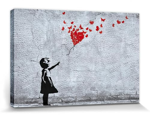 1art1 Chicas Póster Impresión En Lienzo Niña con Globo Rojo De Mariposas, Estilo Banksy Cuadro En Bastidor De Camilla De Madera | Mural XXL | Imagen 30x20 cm