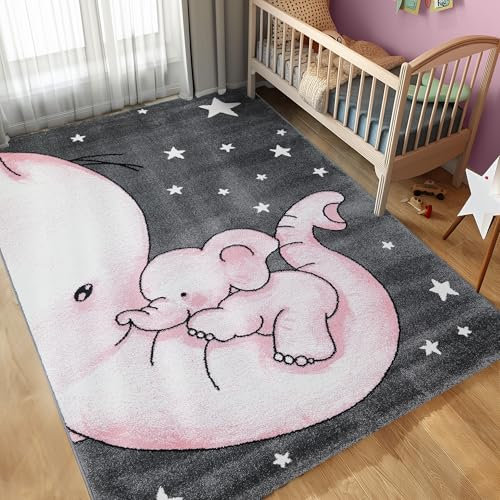 Carpettex Kinderteppich Elefant Design Pink 160 x 230 cm - Kurzflor Teppich Kinderzimmer für Mädchen und Jungen Pflegeleicht Weich - Waschbarer Spielteppich Babyteppich Gaming Teppich Babyzimmer