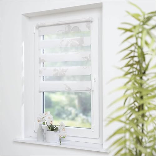 ourdeco® Doppel-Rollo, Duo Rollo Klemmfix / 40 x 150 cm mit Druckmotiv Blume/lichtdurchlässig, Blickdicht/Klemmen, Montage ohne zu Bohren, Smartfix, Klemmfix, Easy-to-fix