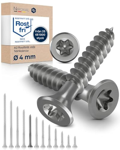 Träskruvar i Rostfritt Stål A2 – Försänkt Huvud Torx TX20 – Helgängade – 4 x 50 mm – 200 Pack – Universalskruvar för Trä