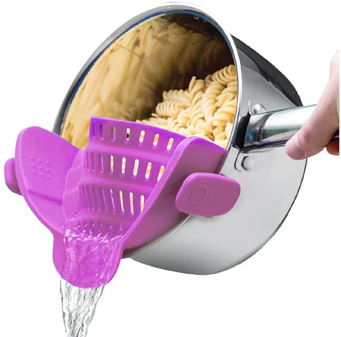 Kitchen Gizmo Snap N' Strain - Silicone Clip-On Colander, Heat Resistant Drainer for Vegetables and Pasta Noodles, Kitchen Gadgets for Bowl, Pots, and Pans - Essential Home Cooking Tools - Purple