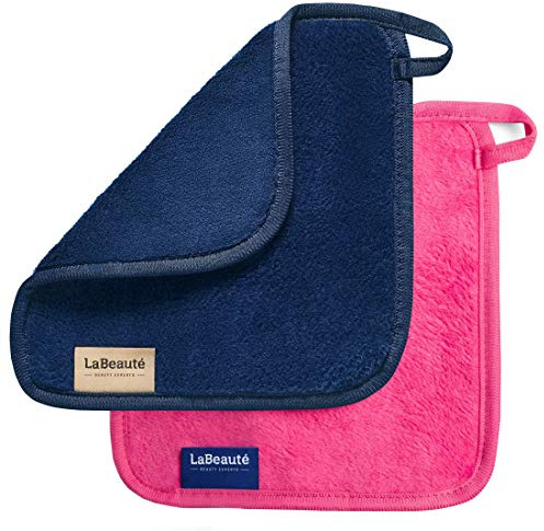 LaBeauté Abschminktücher Mikrofaser (2 Stück, 21x21 cm) waschbar und wiederverwendbar, Make Up Entferner Pads, Microfaser Abschminkpads, zum Gesicht Abschminken & Gesichtsreinigung (navy/pink)