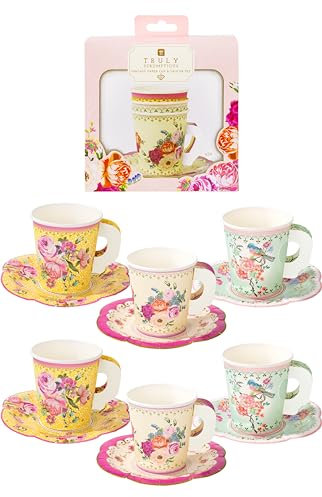 Talking Tables Tazze di Carta con Piattino in Confezione da 24 - Tazze per Tè Caldo con Piattini in Stile Vintage Floreale - Stoviglie Usa e Getta Linea Truly Scrumptious