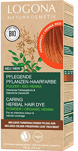 LOGONA Naturkosmetik Pflegende pflanzliche Haarfarbe, Veganes Haarfarbe-Pulver mit Bio-Henna für intensive Farbe und Glanz, Pflanzenhaarfarbe in Hennarot (Rot), 1 x 100g