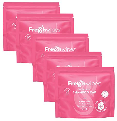 FreshWipes Shampoo Cap Pack of 5 - No Rinse for Elderly or Disabled - Cleanses & Conditions With Aloe Vera & Pro Vitamin B5 - For No Shower Access, Camping & Festival Use - Dermatologically Tested