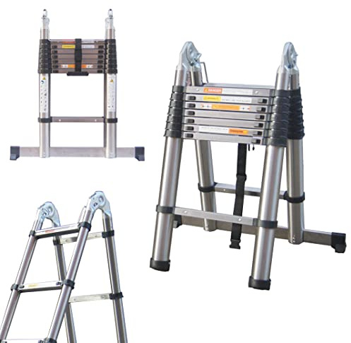 5M/2.5M+2.5M Stainless Steel Folding Ladder Easy To Store & Carry Adjustable Height Extension 16 Steps for Roof Attic Stairs EN131 Safe Standard MAX Load 330LB