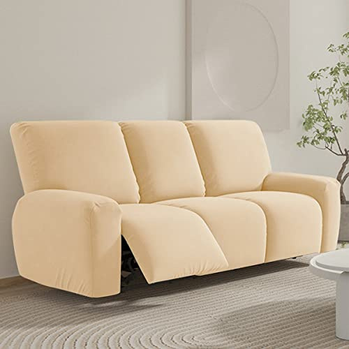 Fansu Funda de Sillón Relax 1 Plaza, Color sólido Elasticidad para Sillón Relax Funda Reclinable con Bolsillos Laterales, 4/6/8 Piezas Extraíbles y Lavables Fundas Protector (Beige,3 Plaza)