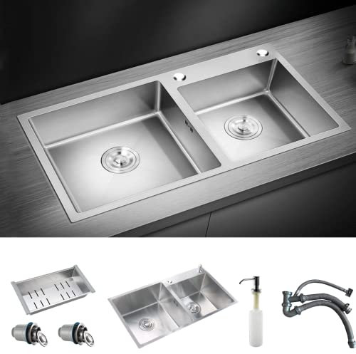 HaTur Evier de Cuisine en Acier Inoxydable Évier Double Bac avec 2 Trous de Montage Evier de Cuisine Kit, 78 * 43 * 20 cm (Argent)