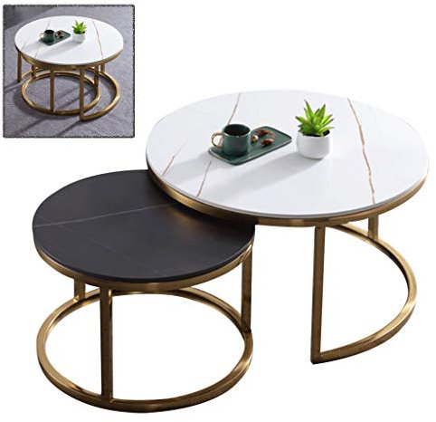BTZHY Couchtische/Beistelltische,Set mit 2 stapelbaren Couchtischen für Wohnzimmer, runde Moderne Nest-Beistelltische für kleine Räume, Satz-Beistelltische mit goldenen Metallbeinen